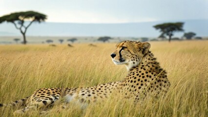 Fototapeta premium Cheetah Resting Elegantly in Golden Grasslands Under Clear Sky