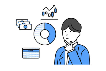 投資と貯金の割合を考える若い男性のイラスト