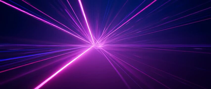 Anamorphic video neon purple pink laser rays motion technology background. Futuristic motion background of glowing data stream