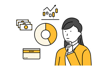 投資と貯金の割合を考える若い女性のイラスト