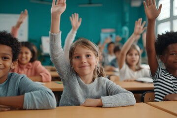 Fototapeta premium Excited Diverse Students Raising Hands in Classroom, Eager to Answer Question and Participate in Lesson