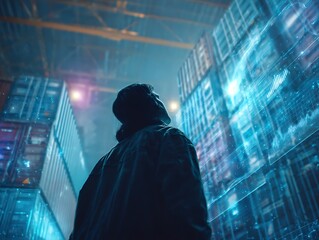 Person in Warehouse Looking at Shipping Containers with Futuristic Digital Data and Technology Overlay