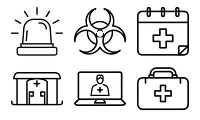 Essential Medical Line Icons Set – Emergency Alert, Biohazard, Medical Appointment, Hospital, Telehealth Consultation, and First Aid Bag Symbols for Healthcare Design Projects