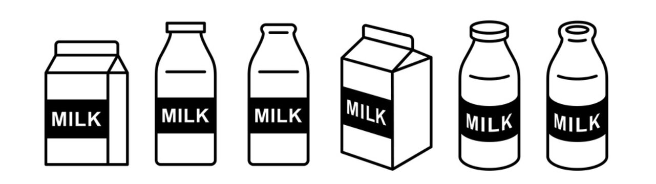Milk bottle and milk carton icon set. Black color outline icon on white background.