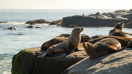 Fototapeta premium Group of Sea Lions Relaxing on Rocky Shoreline by the Ocean