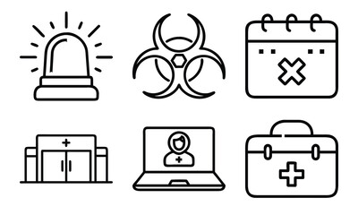 Essential Medical Line Icons Set – Emergency Alert, Biohazard, Medical Appointment, Hospital, Telehealth Consultation, and First Aid Bag Symbols for Healthcare Design Projects