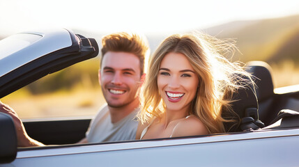 Smiling couple enjoying a sunny drive in a convertible car at sunset