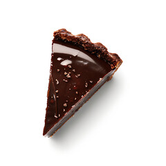 A slice of chocolate tart with a glossy glaze and sprinkled toppings, presented against a white background.
