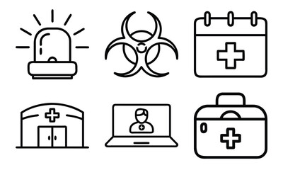 Essential Medical Line Icons Set – Emergency Alert, Biohazard, Medical Appointment, Hospital, Telehealth Consultation, and First Aid Bag Symbols for Healthcare Design Projects