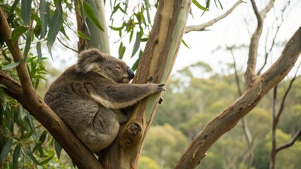 Fototapeta premium Koala Sleeping Peacefully on Tree Branch in Natural Habitat