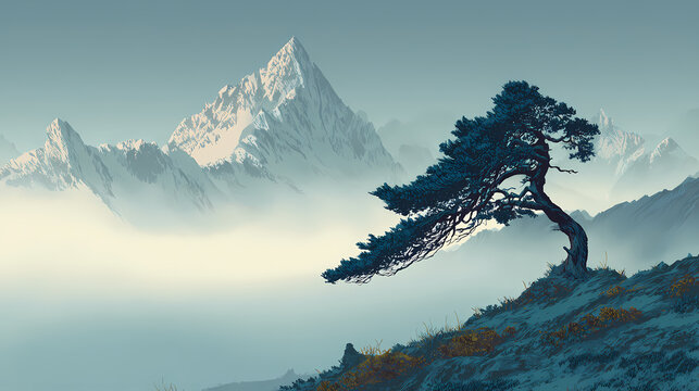 Lone pine bowing under persistent wind