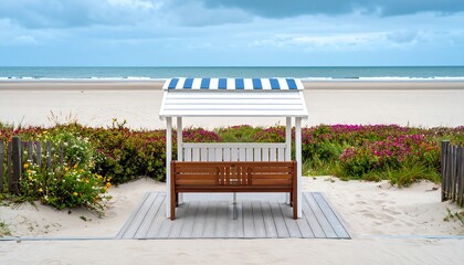 Secluded Beach Bench with Striped Awning Offers Peaceful Seaside Escape and Relaxation