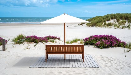 Secluded beach scene with a wooden bench and umbrella in a serene setting, creating a peaceful