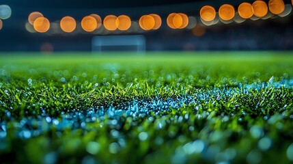 Illuminated soccer field at night, vibrant green grass, stadium lights blurred in background