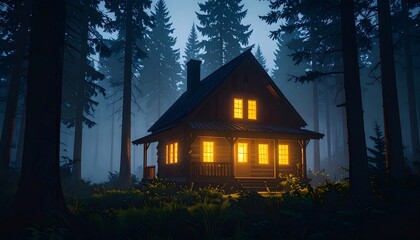 Secluded log cabin glows invitingly amidst a dense forest at twilight time with mist