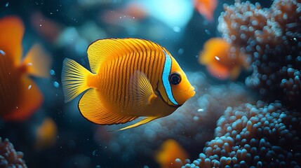 Vibrant orange-yellow fish swimming in coral reef underwater scene