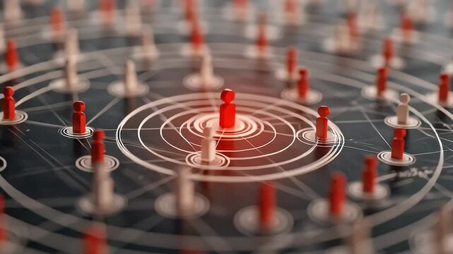 Red and White Human Figures Connected by Circles and Lines on Dark Surface with ai generated
