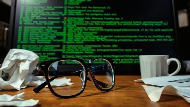 a pair of vintage glasses with thick black frames and slightly tinted lenses sitting on a cluttered wooden desk next to a pile of crumpled paper with a computer screen in the background