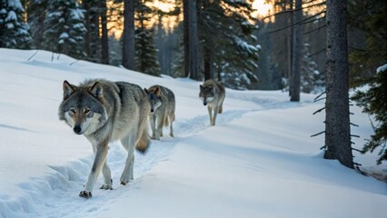 Naklejka premium Majestic Wolves Walking Through Snowy Forest Landscape at Dusk