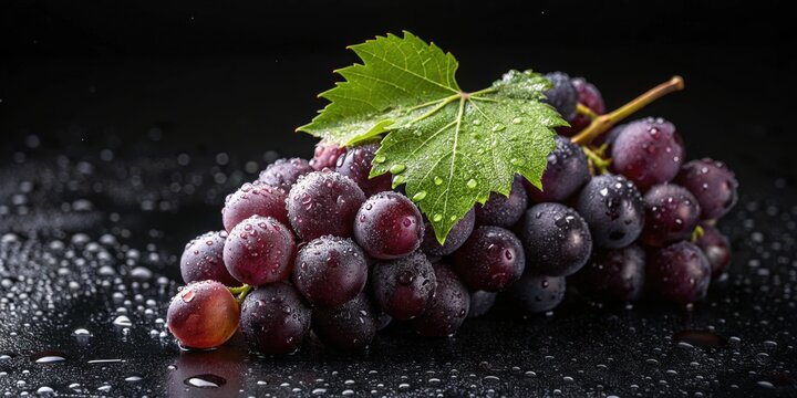 A fresh bunch of ripe purple grapes with water droplets and green leaves