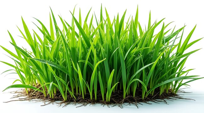 Macro photograph of lush green grass blades with water droplets and visible roots