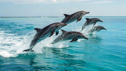 Obraz premium Dolphins Jumping Playfully over Glimmering Ocean Waves in Sunshine