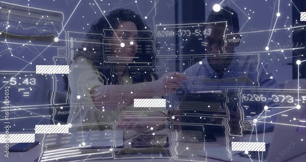 Poster woman pointing at tablet graph causing data overlay while man typing guiding business analysis