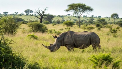 Fototapeta premium Majestic Rhinoceros Grazing in Lush African Savannah Landscape