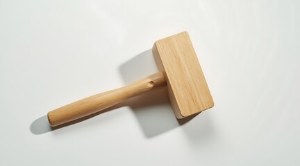 Wooden mallet with light wood grain and shadow on white surface tool handle