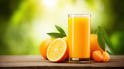 Obraz premium Freshly squeezed orange juice served with vibrant fruits at a rustic wooden table