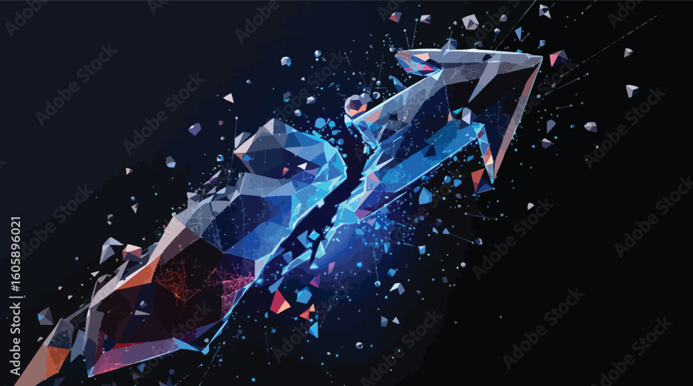 Poster abstract digital arrow design with fractured geometric shapes on a dark background.