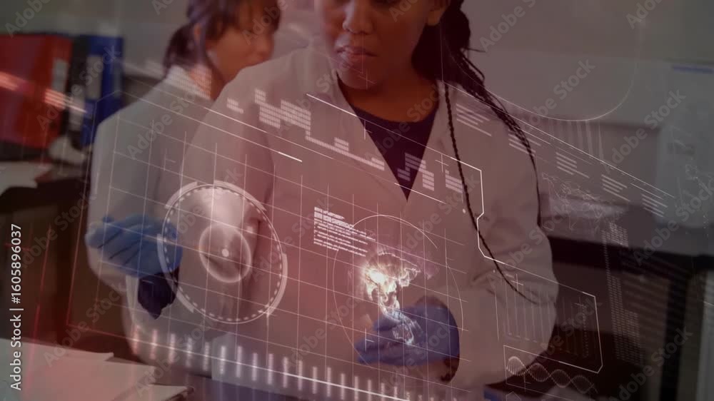 Poster researcher lifting sample container for analysis and activating holographic data charts in tech lab