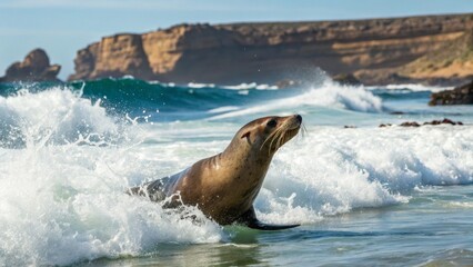 Obraz premium Seal Playing in Waves on Ocean Shore Under Clear Blue Sky