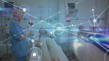 Nurse reviewing drip clipboard initiating health hologram network mapping IV monitors and patients - Powered by Adobe
