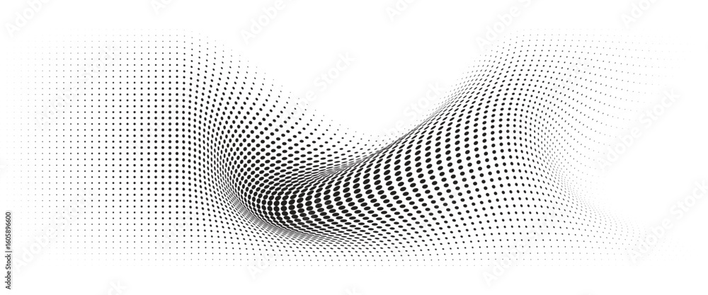 Poster flowing wave dot halftone pattern: curve gradient shape on transparent background. suitable for ai, 