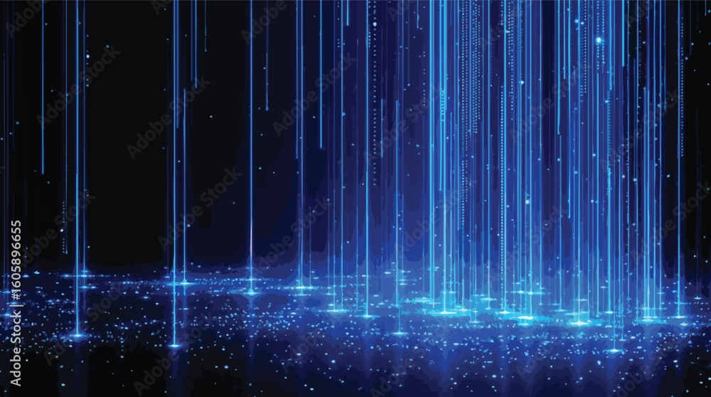 Poster abstract digital data streams flowing down with glowing particles for technology background.