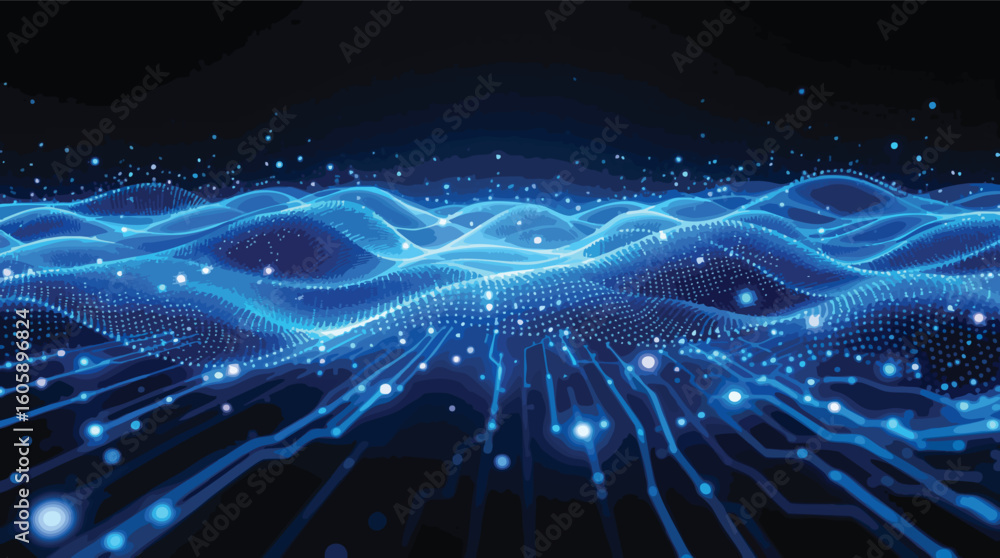 Poster abstract digital landscape depicting data flow and technological innovation.