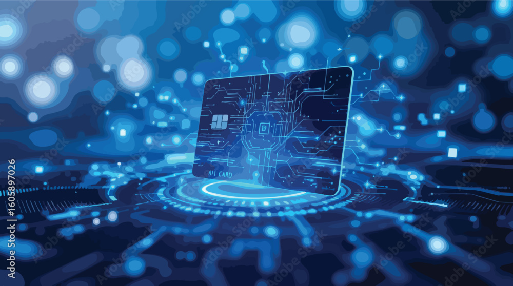 Poster abstract digital rendering of a credit card with circuitry and technology concept.