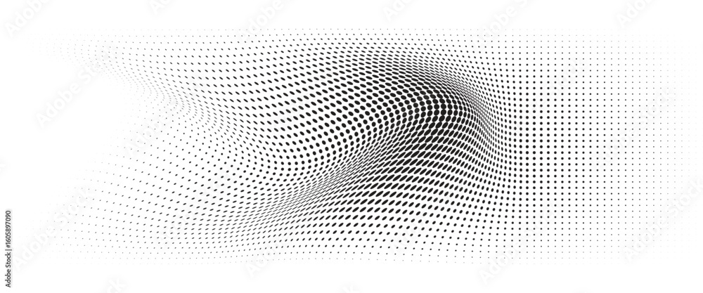 Poster flowing wave dot halftone pattern: curve gradient shape on transparent background. suitable for ai, 