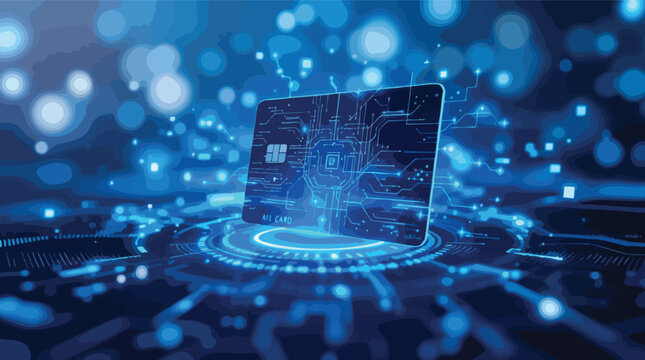 Abstract digital rendering of a credit card with circuitry and technology concept.