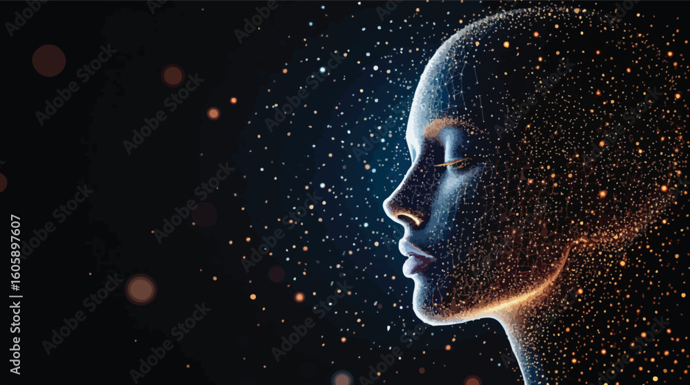 Poster abstract portrait of a human face with glowing particles and a dark background..