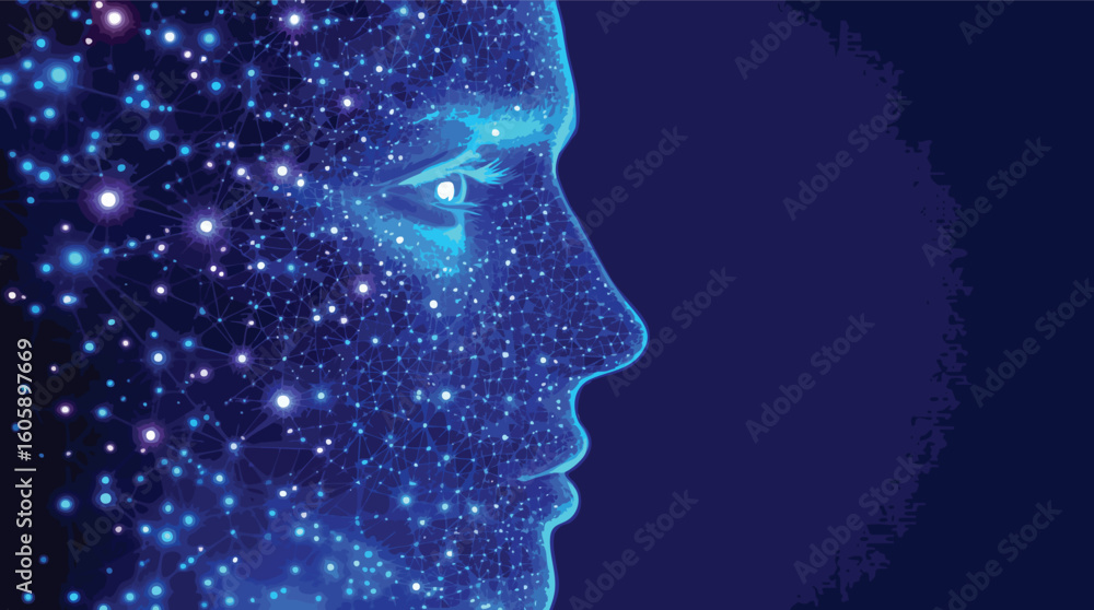 Poster abstract representation of human intelligence and neural networks with futuristic glow.