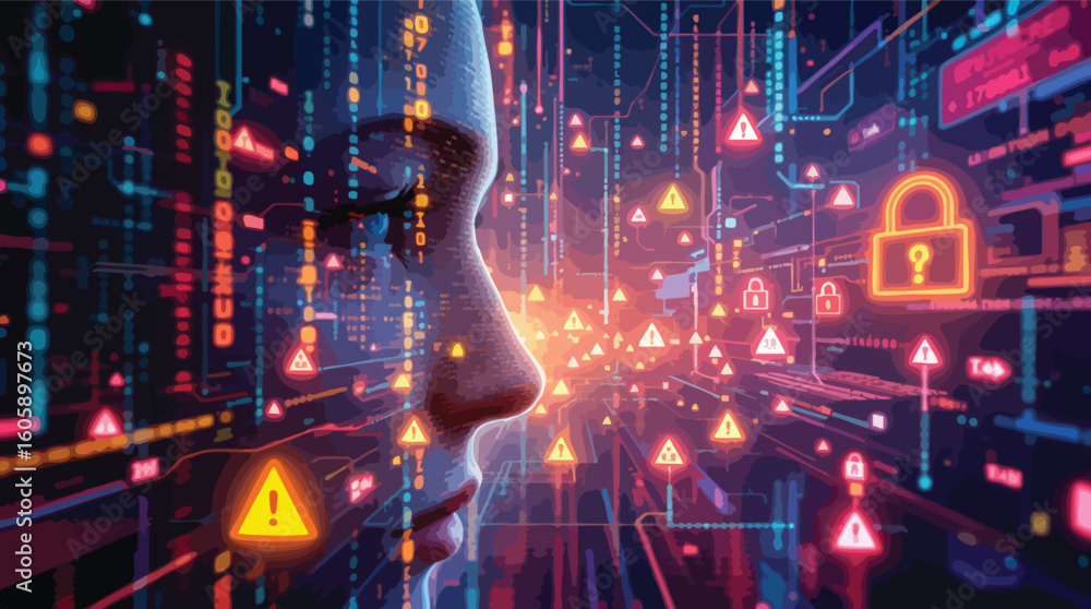 Poster artificial intelligence and cybersecurity illustration depicting data security and digital threats.