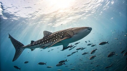 Naklejka premium Majestic Whale Shark Swimming Gracefully in Crystal Clear Waters