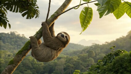 Sloth Hanging on Tree Branch in Lush Tropical Jungle Landscape
