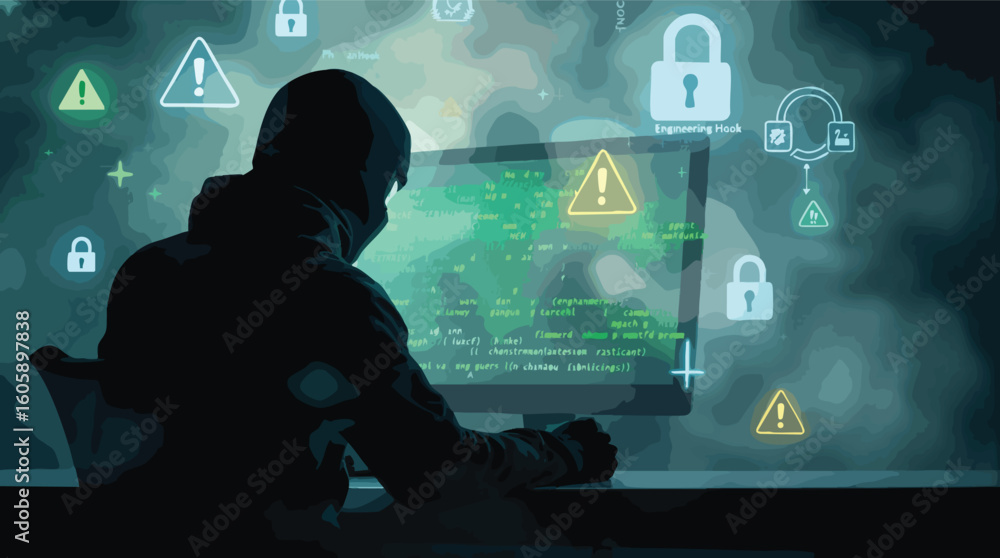 Poster cyber criminal hacking into a computer system with warning symbols and lock icons visible.