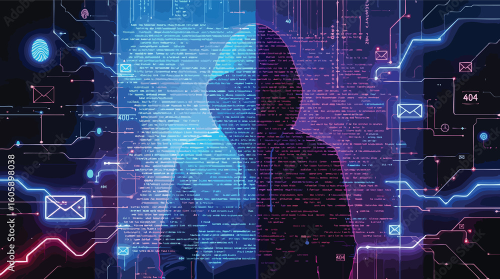Poster cyber criminal silhouette represented within digital circuitry and code displaying data breach.
