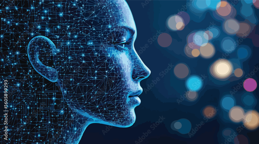 Poster digital depiction of a human profile and network connections representing ai and technology.