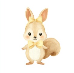 Cute Watercolor Squirrel with Yellow Bow
