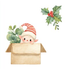 Cute Christmas Elf Peeking from a Cardboard Box